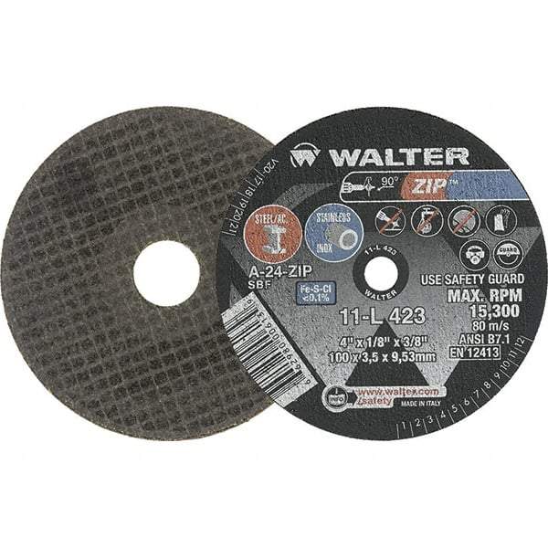 WALTER Surface Technologies - 4" 24 Grit Aluminum Oxide Cutoff Wheel - 1/8" Thick, 3/8" Arbor, 15,300 Max RPM, Use with Die Grinders - Exact Industrial Supply