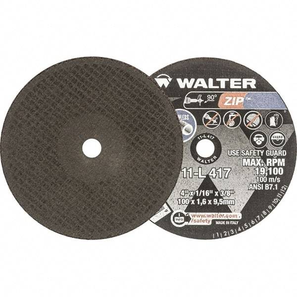 WALTER Surface Technologies - 4" 60 Grit Aluminum Oxide Cutoff Wheel - 1/16" Thick, 3/8" Arbor, 19,100 Max RPM, Use with Die Grinders - Exact Industrial Supply