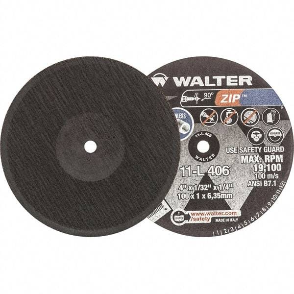 WALTER Surface Technologies - 4" 24 Grit Aluminum Oxide Cutoff Wheel - 1/32" Thick, 1/4" Arbor, 19,100 Max RPM, Use with Die Grinders - Exact Industrial Supply
