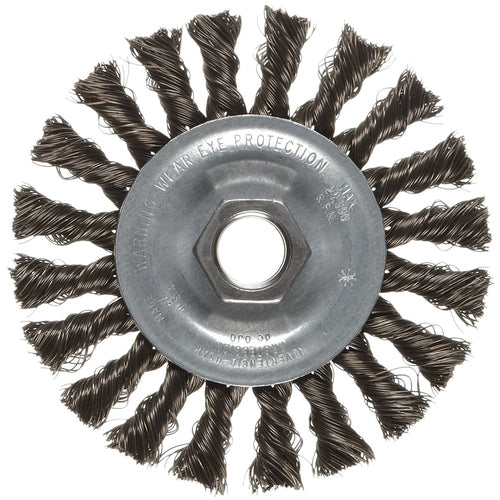 Vortec Pro 4″ Knot Wire Wheel, Standard Twist, .014″ Steel Fill, 5/8″-11 UNC Nut, Retail Pack - Exact Industrial Supply