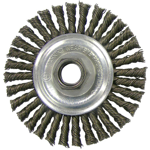 Vortec Pro 4″ Knot Wire Wheel, Standard Twist, .014″, 1/2″-3/8″ Arbor Hole, Retail Pack - Exact Industrial Supply