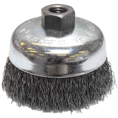 Vortec Pro 4″ Crimped Wire Cup Brush, .020″ Steel Fill, 5/8″-11 UNC Nut, Retail Pack - Exact Industrial Supply