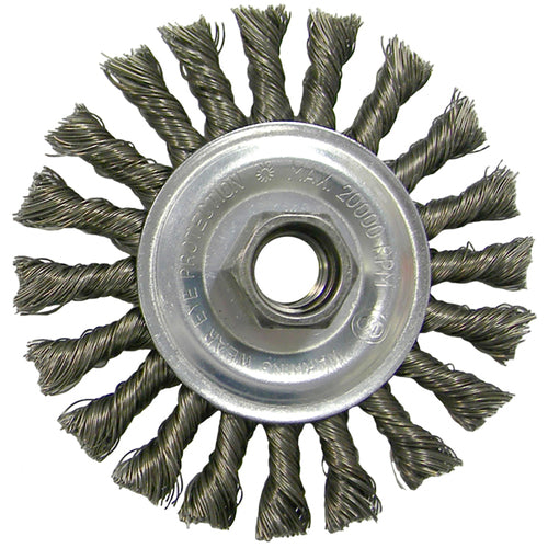 Vortec Pro 4″ Knot Wire Wheel, Cable Twist, .020″ Steel Fill, 5/8″-11 UNC Nut, Retail Pack - Exact Industrial Supply