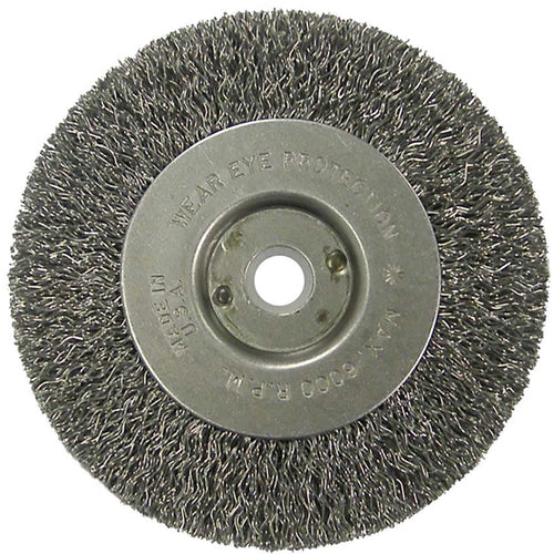 Vortec Pro 4″ Crimped Wire Wheel, .014″ Steel Fill, Narrow Face, 1/2″-3/8″ Arbor Hole, Retail Pack - Exact Industrial Supply