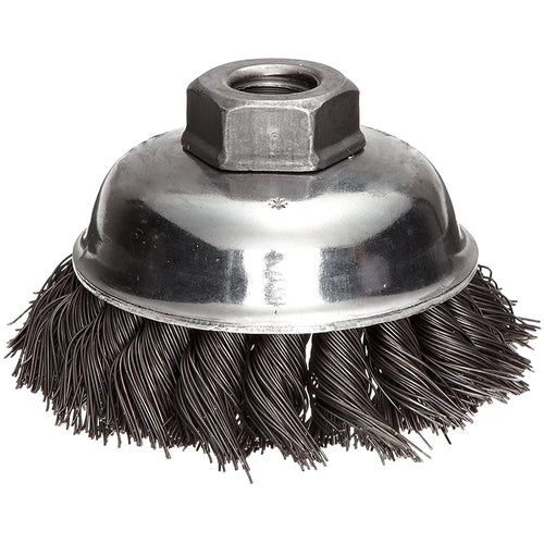 Vortec Pro 3-1/2″ Knot Wire Cup Brush, .023, 5/8″ Arbor Hole, Retail Pack - Exact Industrial Supply