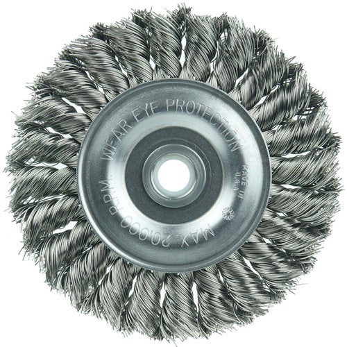 Vortec Pro 4″ Knot Wire Wheel, Standard Twist, .014″ Steel Fill, 1/2″-3/8″ Arbor Hole - Exact Industrial Supply