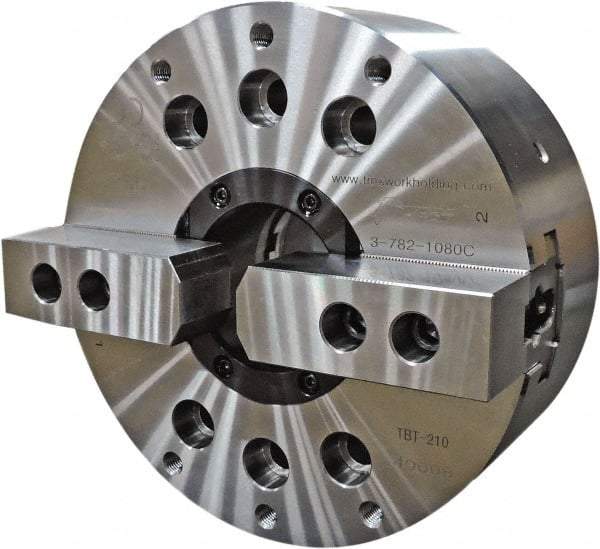 TMX - 2 Jaws, 6" Chuck Diam, Plain Back Mount, 1.811" Through Hole, Drawtube, Hydraulic Power Lathe Chuck - 0.5118" to 6.6535" Jaw Capacity, 6,000 RPM - Exact Industrial Supply