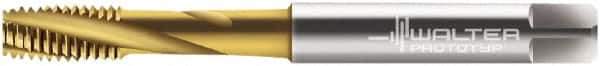 Walter-Prototyp - M4x0.70 Metric 3 Flute 6H Modified Bottoming Spiral Flute Tap - Cobalt, TiN Finish, 63mm OAL, Right Hand Flute, Right Hand Thread, Series 2041215 - Exact Industrial Supply