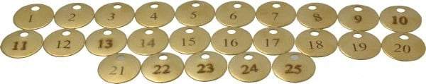 Value Collection - 1" High x 1" Long, 1 to 25, English Safety & Facility Numbered Tag - 1 Side, Brass - Exact Industrial Supply