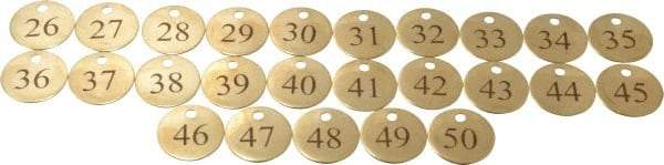 Value Collection - 1-1/4" High x 1-1/4" Long, 26 to 50, English Safety & Facility Numbered Tag - 1 Side, Brass - Exact Industrial Supply