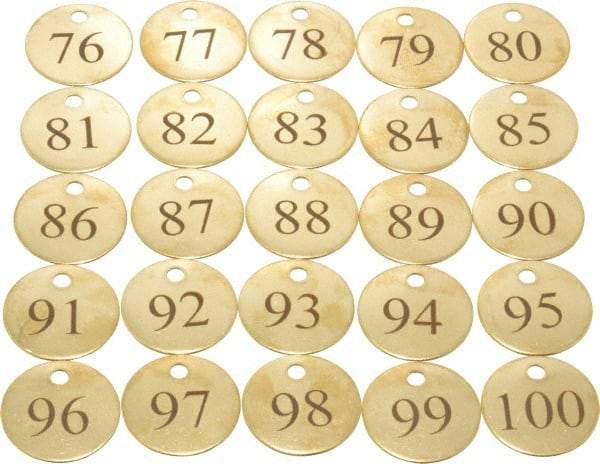 Value Collection - 1-1/4" High x 1-1/4" Long, 76 to 100, English Safety & Facility Numbered Tag - 1 Side, Brass - Exact Industrial Supply