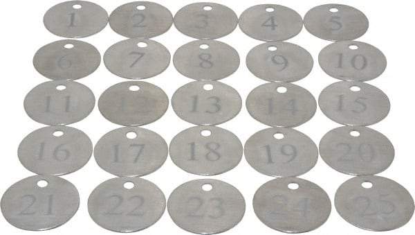 Value Collection - 1-1/4" High x 1-1/4" Long, 1 to 25, English Safety & Facility Numbered Tag - 1 Side, Aluminum - Exact Industrial Supply