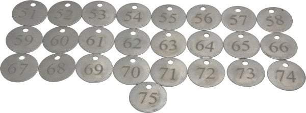 Value Collection - 1-1/4" High x 1-1/4" Long, 51 to 75, English Safety & Facility Numbered Tag - 1 Side, Aluminum - Exact Industrial Supply
