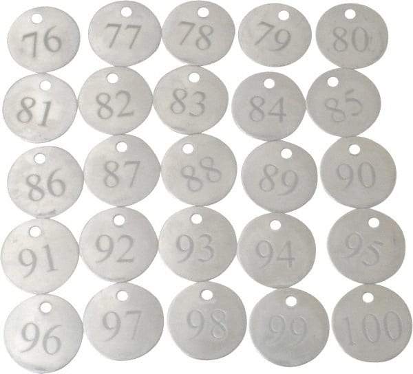 Value Collection - 1-1/4" High x 1-1/4" Long, 76 to 100, English Safety & Facility Numbered Tag - 1 Side, Aluminum - Exact Industrial Supply