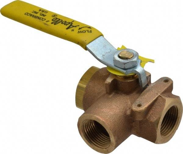 Apollo - 3/4" Pipe, Standard Port, Bronze Standard Ball Valve - Three Way, FNPT x FNPT x FNPT Ends, Lever Handle, 400 WOG - Exact Industrial Supply