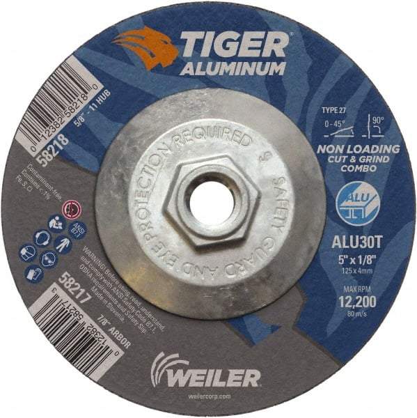 Weiler - 5" 30 Grit Aluminum Oxide/Silicon Carbide Blend Cutoff Wheel - 1/8" Thick, 5/8-11 Arbor, 12,200 Max RPM, Use with Angle Grinders - Exact Industrial Supply