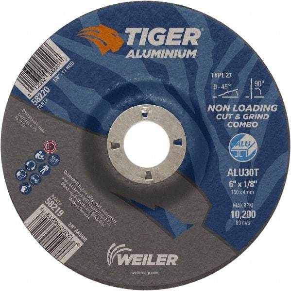 Weiler - 6" 30 Grit Aluminum Oxide/Silicon Carbide Blend Cutoff Wheel - 1/8" Thick, 7/8" Arbor, 10,200 Max RPM, Use with Angle Grinders - Exact Industrial Supply