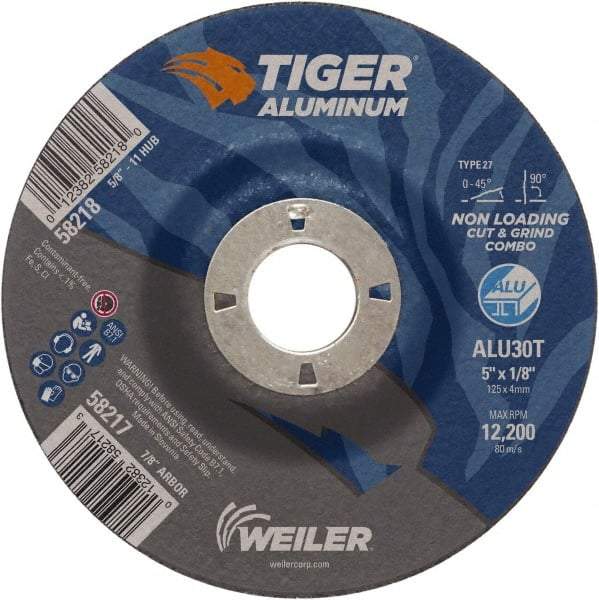 Weiler - 5" 30 Grit Aluminum Oxide/Silicon Carbide Blend Cutoff Wheel - 1/8" Thick, 7/8" Arbor, 12,200 Max RPM, Use with Angle Grinders - Exact Industrial Supply