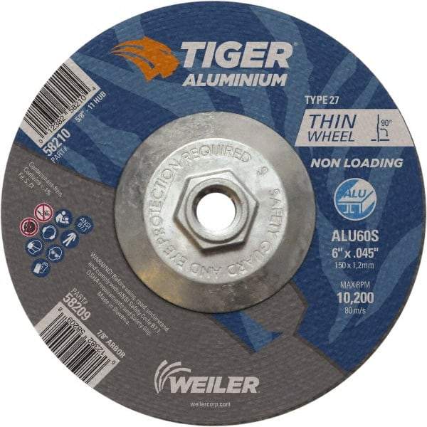 Weiler - 6" 60 Grit Aluminum Oxide/Silicon Carbide Blend Cutoff Wheel - 0.045" Thick, 5/8-11 Arbor, 10,200 Max RPM, Use with Angle Grinders - Exact Industrial Supply