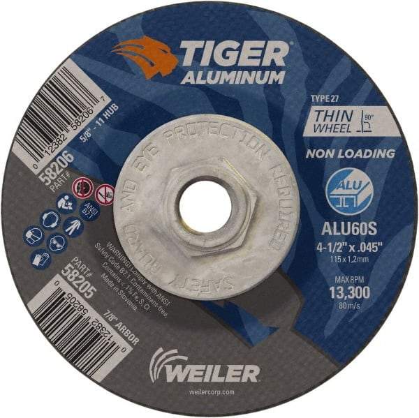Weiler - 4-1/2" 60 Grit Aluminum Oxide/Silicon Carbide Blend Cutoff Wheel - 0.045" Thick, 5/8-11 Arbor, 13,300 Max RPM, Use with Angle Grinders - Exact Industrial Supply
