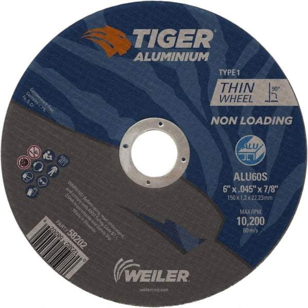 Weiler - 6" 60 Grit Aluminum Oxide/Silicon Carbide Blend Cutoff Wheel - 0.045" Thick, 7/8" Arbor, 10,200 Max RPM, Use with Angle Grinders - Exact Industrial Supply