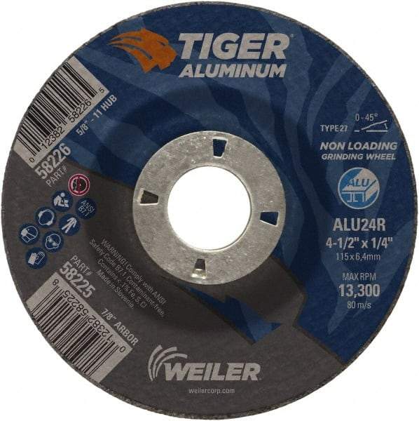 Weiler - 4-1/2" 24 Grit Aluminum Oxide/Silicon Carbide Blend Cutoff Wheel - 1/4" Thick, 7/8" Arbor, 13,300 Max RPM, Use with Angle Grinders - Exact Industrial Supply