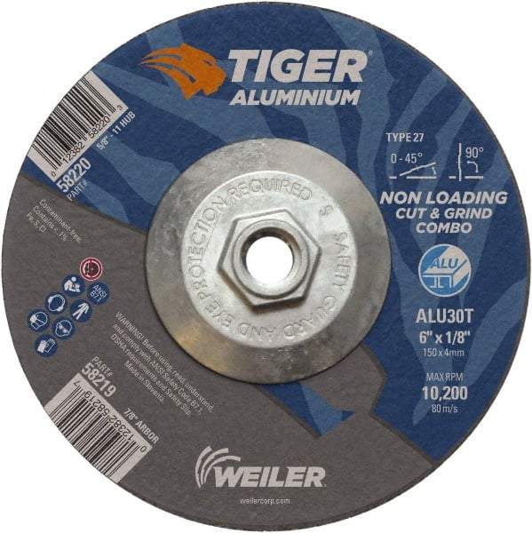 Weiler - 6" 30 Grit Aluminum Oxide/Silicon Carbide Blend Cutoff Wheel - 1/8" Thick, 5/8-11 Arbor, 10,200 Max RPM, Use with Angle Grinders - Exact Industrial Supply