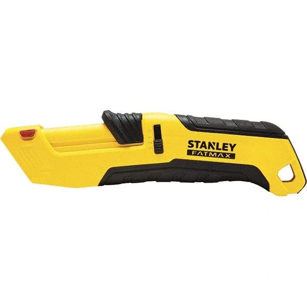 Stanley - Retractable Safety Utility Knife - 2.175" Steel Blade, Yellow & Black Ergonomic Non-slip Grips Handle, 4 Blades Included - Exact Industrial Supply