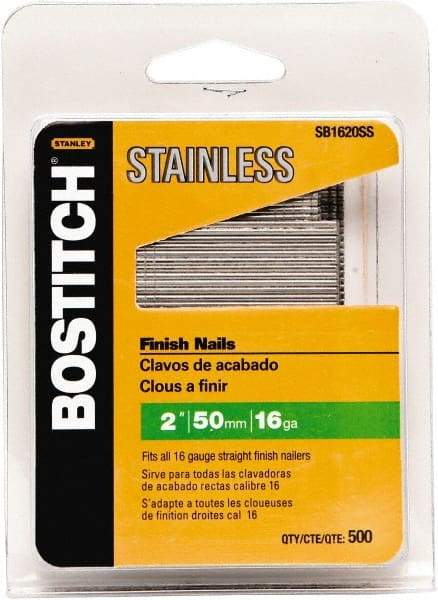 Stanley Bostitch - 16 Gauge 1/16" Shank Diam 2" Long Finishing Nails for Power Nailers - Stainless Steel, Smooth Shank, Straight Stick Adhesive Collation, Round Head, Chisel Point - Exact Industrial Supply