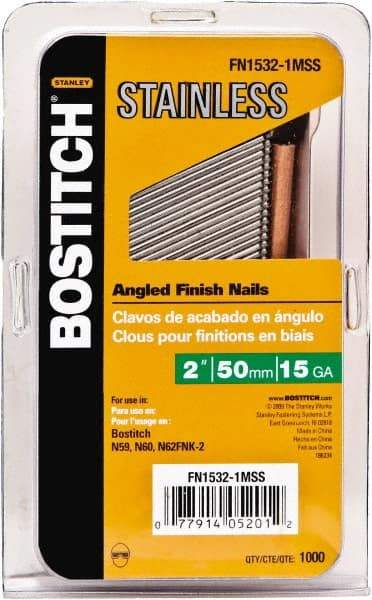 Stanley Bostitch - 15 Gauge 0.07" Shank Diam 1-1/2" Long Finishing Nails for Power Nailers - Stainless Steel, Smooth Shank, Angled Stick Adhesive Collation, Round Head, Chisel Point - Exact Industrial Supply