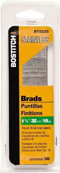 Stanley Bostitch - 18 Gauge 0.05" Shank Diam 1-1/4" Long Brad Nails for Power Nailers - Steel, Bright Finish, Ring Shank, Straight Stick Adhesive Collation, Brad Head, Chisel Point - Exact Industrial Supply