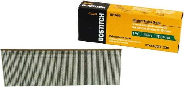 Stanley Bostitch - 18 Gauge 0.05" Shank Diam 1-3/4" Long Brad Nails for Power Nailers - Steel, Bright Finish, Ring Shank, Straight Stick Adhesive Collation, Brad Head, Chisel Point - Exact Industrial Supply