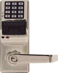 Alarm Lock - Combination Entry Lever Lockset with Key Override - 2-3/4" Back Set, Steel, Brushed Chrome Finish - Exact Industrial Supply