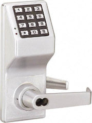 Alarm Lock - Combination Entry Lever Lockset with Key Override - 2-3/4" Back Set, Steel, Brushed Chrome Finish - Exact Industrial Supply