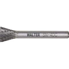 WALTER Surface Technologies - 1/4" Cut Diam, 1/4" Shank Diam, Inverted Cone Head Double Cut Burr - Tungsten Carbide, 3/4" LOC, 4-3/4" OAL - Exact Industrial Supply