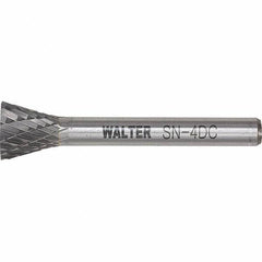 WALTER Surface Technologies - 1/4" Cut Diam, 1/4" Shank Diam, Inverted Cone Head Double Cut Burr - Tungsten Carbide, 1/2" LOC, 4-1/2" OAL - Exact Industrial Supply