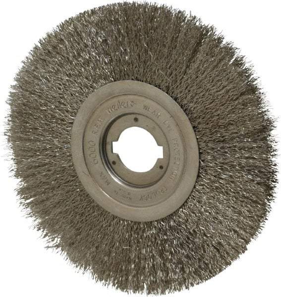 Weiler - 8" OD, 1-1/4" Arbor Hole, Crimped Stainless Steel Wheel Brush - 3/4" Face Width, 2-1/16" Trim Length, 0.0118" Filament Diam, 6,000 RPM - Exact Industrial Supply
