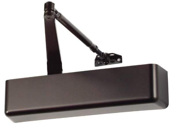 Falcon - Push & Pull Side Mount, Medium Duty Multi Size ADA Compliant Door Closer Full Cover Power Operated Damper - Nonhanded, Dark Bronze Finish - Exact Industrial Supply