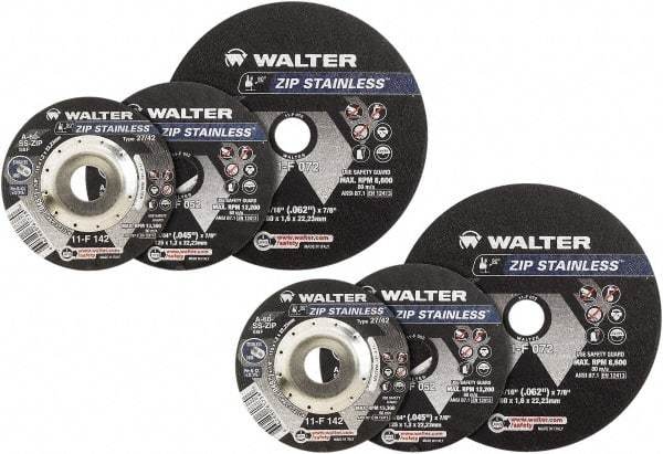 WALTER Surface Technologies - 4-1/2" Aluminum Oxide Cutoff Wheel - 3/64" Thick, 7/8" Arbor, 13,300 Max RPM, Use with Angle Grinders - Exact Industrial Supply
