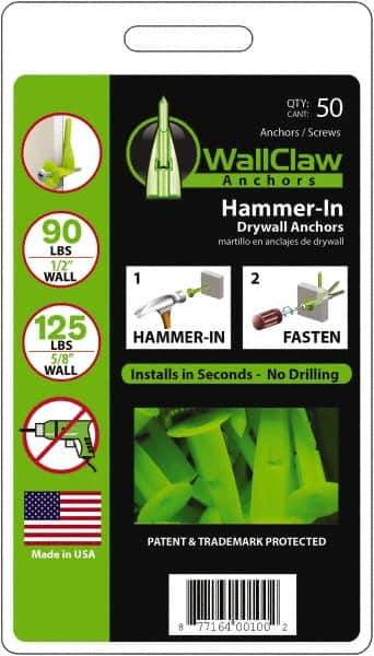 WallClaw Anchors - #8 Screw, 1/2" Diam, 2" Long, 1/4" Thick, Hammer-In Drywall & Hollow Wall Anchor - Nylon, Use with Drywall & Hollow Wall - Exact Industrial Supply