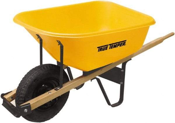 True Temper - 6 Cu Ft Capacity Wheelbarrow with 16" Pneumatic Wheel - Hardwood Handle, 60" Long x 30" Wide x 27" High, Yellow - Exact Industrial Supply
