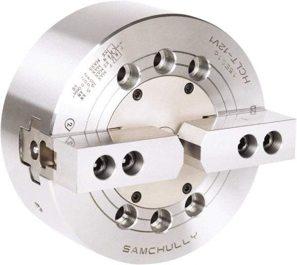 Samchully - 2 Jaw, 254mm Chuck Diam, Plain Back Mount, 0mm Through Hole Diam, Drawbar Hydraulic Power Lathe Chuck - 1.5mm x 60° Serrated Jaw Interface, 3,100 RPM, Steel Body - Exact Industrial Supply