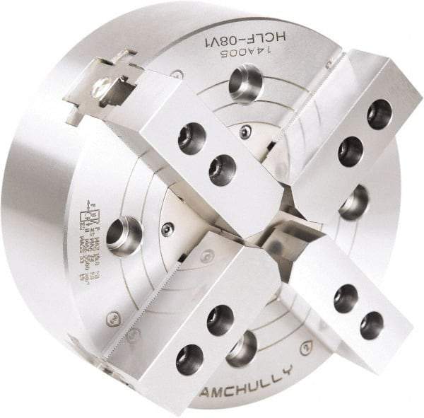 Samchully - 4 Jaw, 304mm Chuck Diam, Plain Back Mount, 0mm Through Hole Diam, Drawbar Hydraulic Power Lathe Chuck - 1.5mm x 60° Serrated Jaw Interface, 2,500 RPM, Steel Body - Exact Industrial Supply