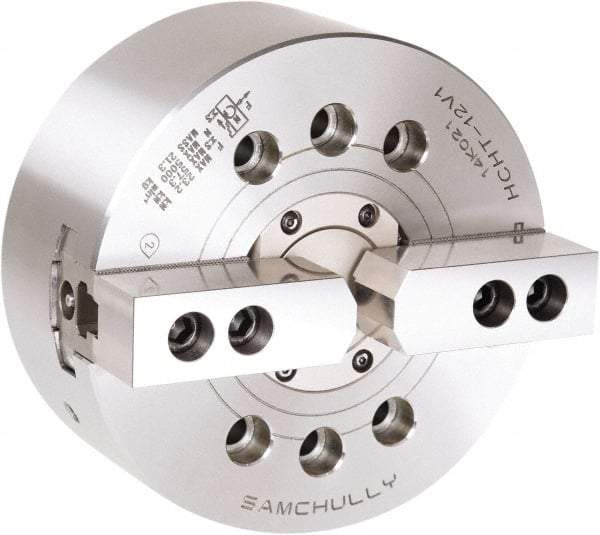 Samchully - 2 Jaw, 381mm Chuck Diam, Plain Back Mount, 0mm Through Hole Diam, Drawtube Hydraulic Power Lathe Chuck - 1.5mm x 60° Serrated Jaw Interface, 2,500 RPM, Steel Body - Exact Industrial Supply