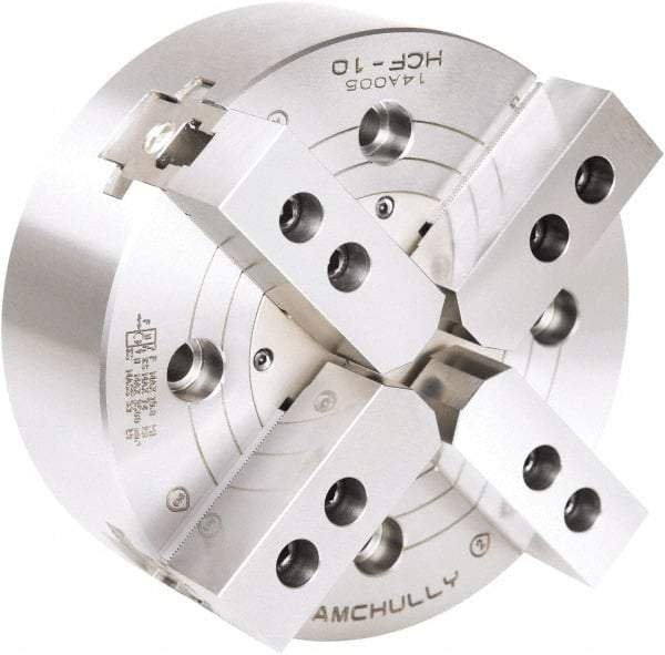Samchully - 4 Jaw, 610mm Chuck Diam, Plain Back Mount, 0mm Through Hole Diam, Drawbar Hydraulic Power Lathe Chuck - 3mm x 60° Serrated Jaw Interface, 1,500 RPM, Steel Body - Exact Industrial Supply