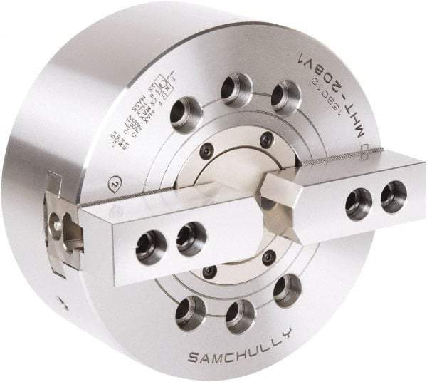 Samchully - 2 Jaw, 210mm Chuck Diam, Plain Back Mount, 66mm Through Hole Diam, Drawtube Hydraulic Power Lathe Chuck - 1.5mm x 60° Serrated Jaw Interface, 5,000 RPM, Steel Body - Exact Industrial Supply