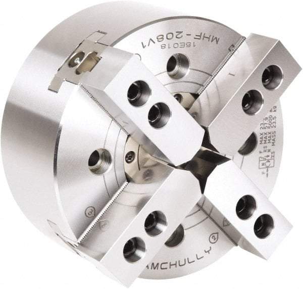 Samchully - 4 Jaw, 210mm Chuck Diam, Plain Back Mount, 66mm Through Hole Diam, Drawtube Hydraulic Power Lathe Chuck - 1.5mm x 60° Serrated Jaw Interface, 5,000 RPM, Steel Body - Exact Industrial Supply