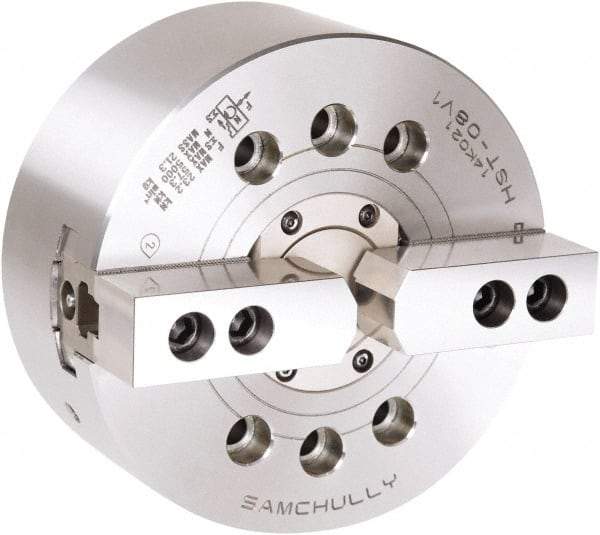 Samchully - 2 Jaw, 304mm Chuck Diam, Plain Back Mount, 91mm Through Hole Diam, Drawtube Hydraulic Power Lathe Chuck - 1.5mm x 60° Serrated Jaw Interface, 3,300 RPM, Steel Body - Exact Industrial Supply
