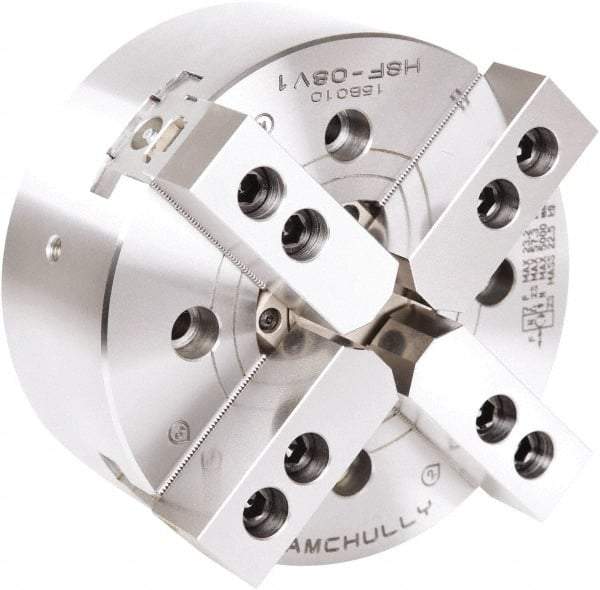 Samchully - 4 Jaw, 254mm Chuck Diam, Plain Back Mount, 77mm Through Hole Diam, Drawtube Hydraulic Power Lathe Chuck - 1.5mm x 60° Serrated Jaw Interface, 4,200 RPM, Steel Body - Exact Industrial Supply