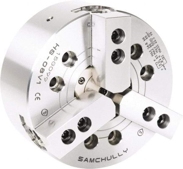 Samchully - 3 Jaw, 254mm Chuck Diam, Plain Back Mount, 77mm Through Hole Diam, Drawtube Hydraulic Power Lathe Chuck - 1.5mm x 60° Serrated Jaw Interface, 4,200 RPM, Steel Body - Exact Industrial Supply